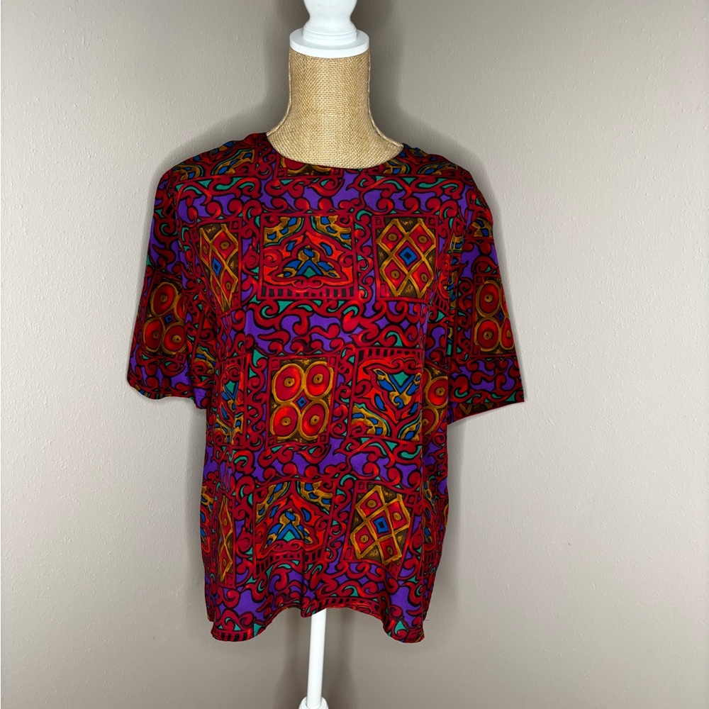 Vintage Christie & Jill Short Sleeve 100% Silk Blouse Red Print 90s Size Large